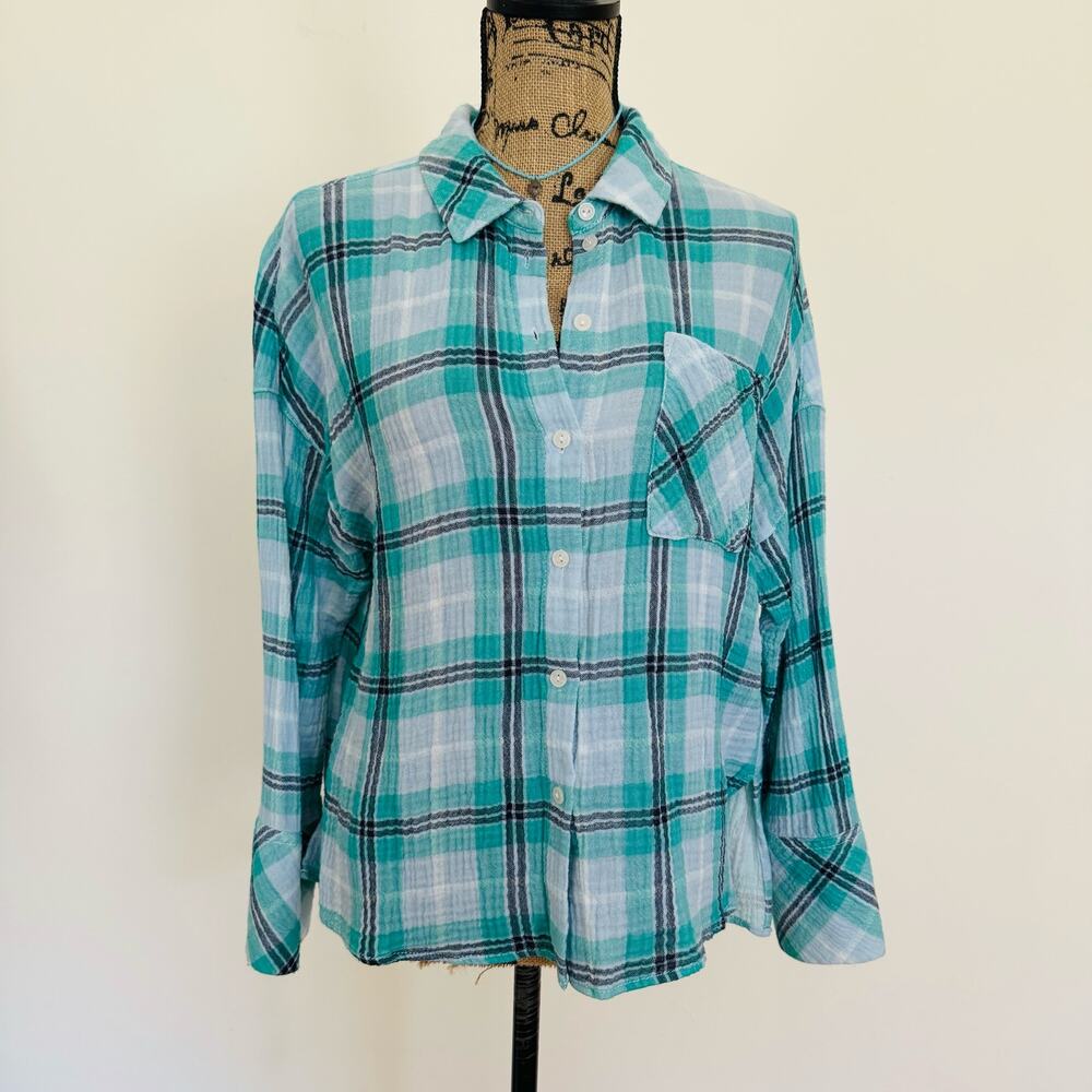 Anthropologie Sanctuary Plaid Gauzy Cotton Turquoise Boxy Button Up Shirt Small